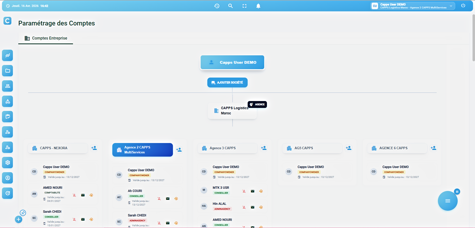 Interface de paramétrage des comptes CAPPS Outil